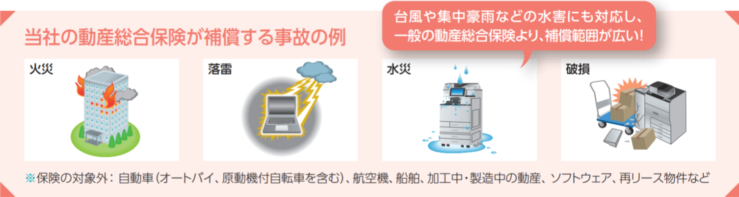 当社の動産総合保険が補償する事故の例には、火災、落雷、水災、破損があります