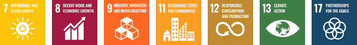 7. Affordable and Clean Energy 8. Decent Work and Economic Growth 9. Industry Innovation and Infrastructure 11. Sustainable Cities and Communities 12. Responsible Consumption and Production 13. Climate Action 17. Partnerships for the Goals