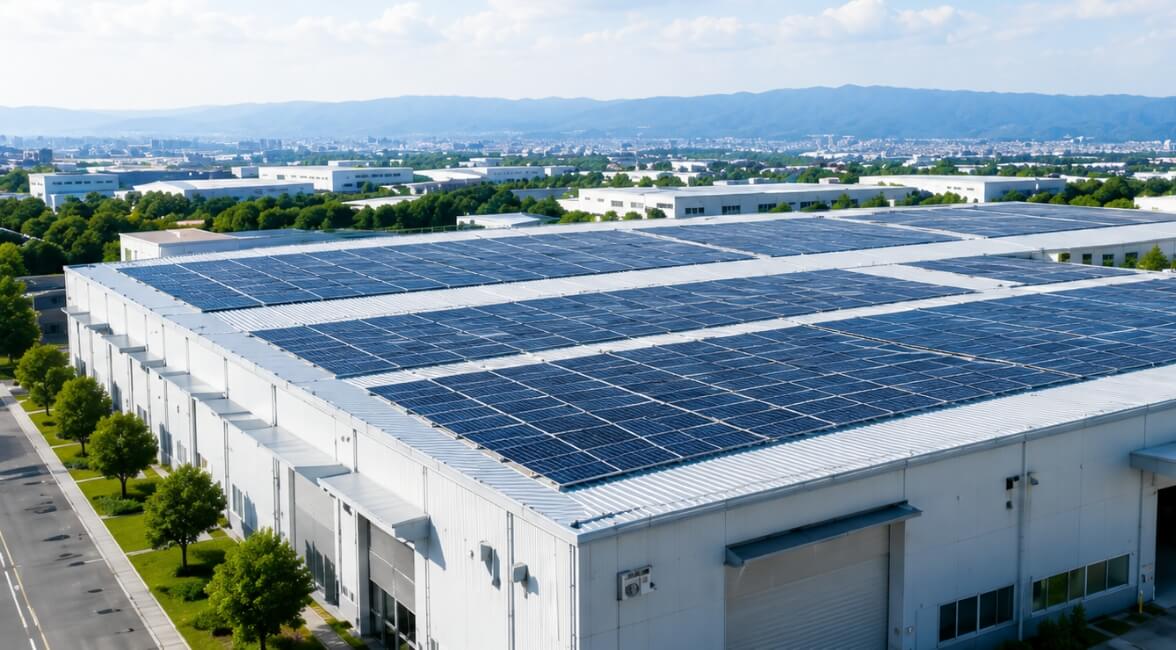 屋根に設置された太陽光パネルの施設