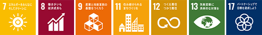 7.エネルギーをみんなに。そしてクリーンに:8.働きがいも経済成長も:9.産業と技術革新の基盤を作ろう:11.住み続けられるまちづくりを:12.つくる責任、つかう責任:13.気候変動に具体的な対策を:17.パートナーシップで目標を達成しよう